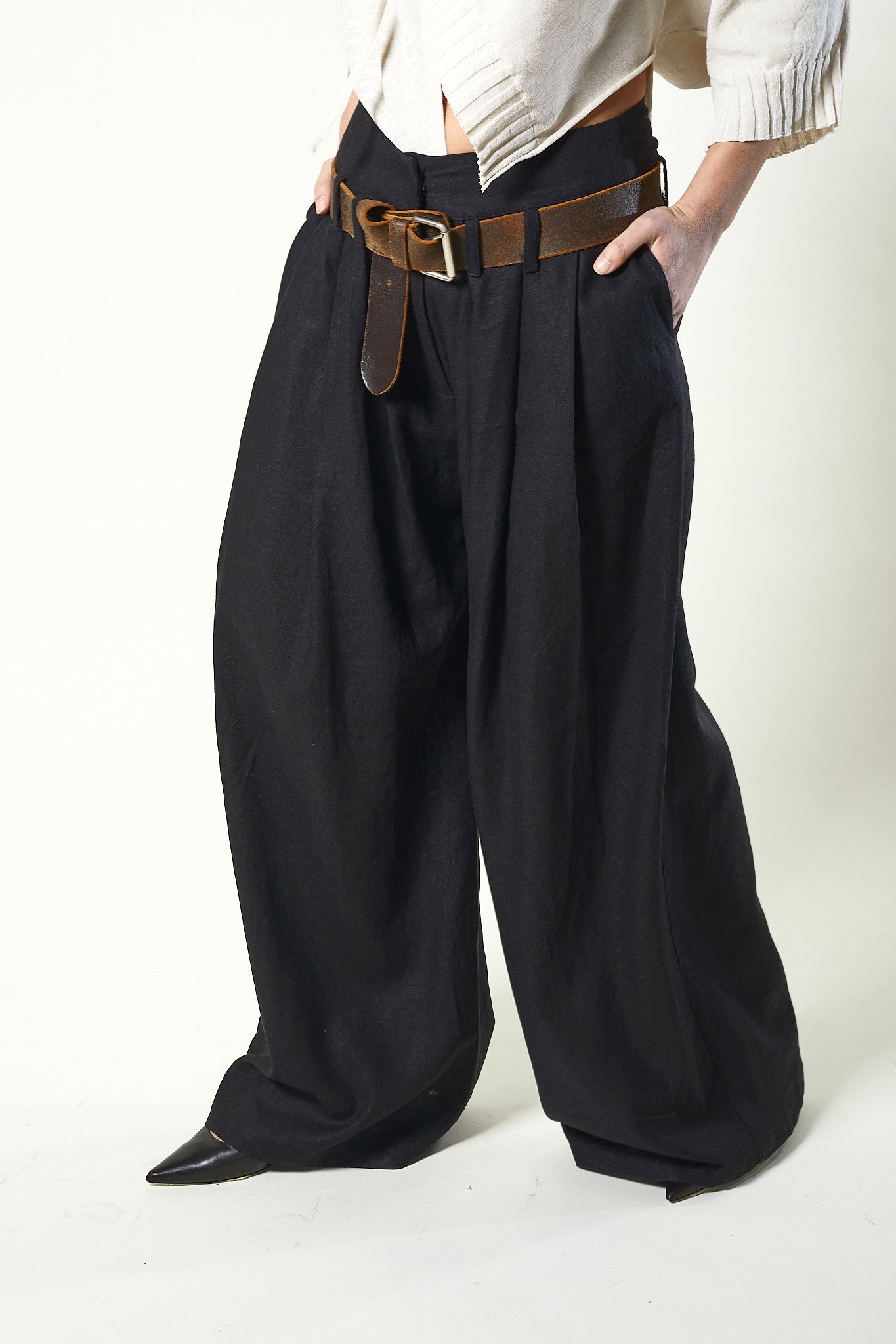 Wide linen viscose tailored trousers