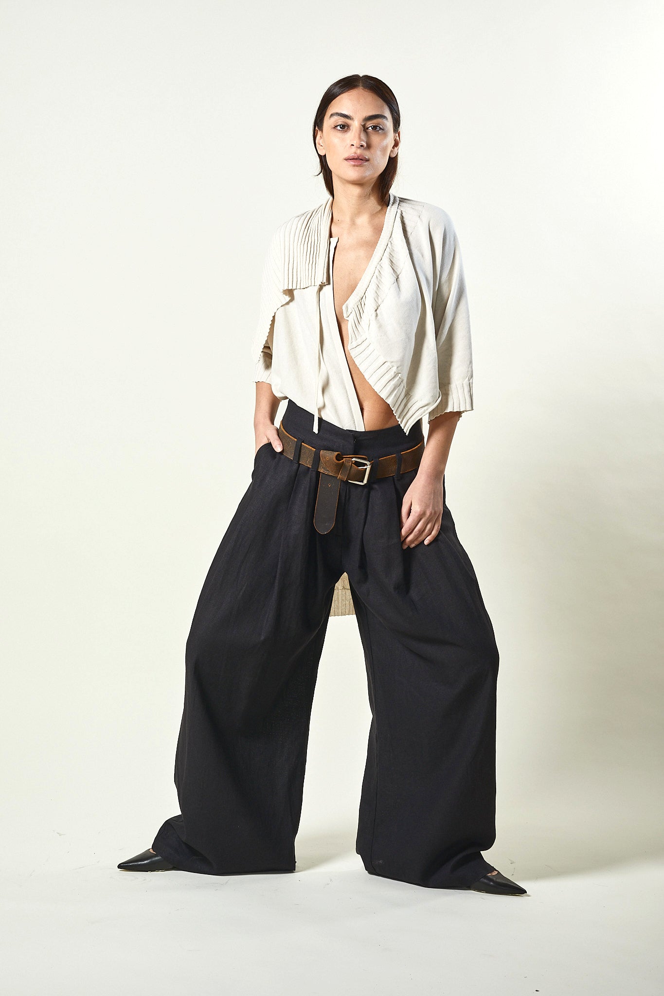 Wide linen viscose tailored trousers